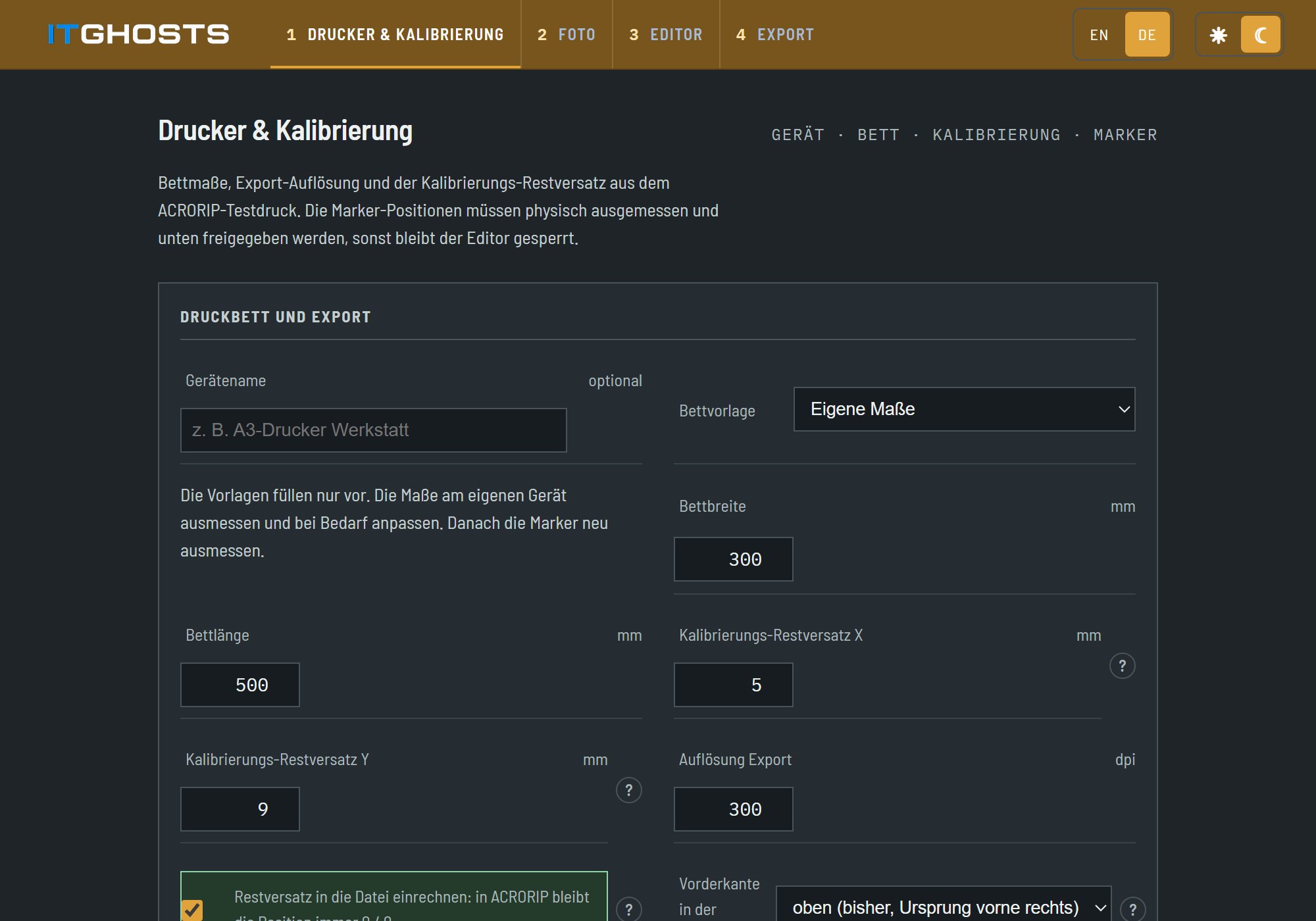 Printer and calibration settings