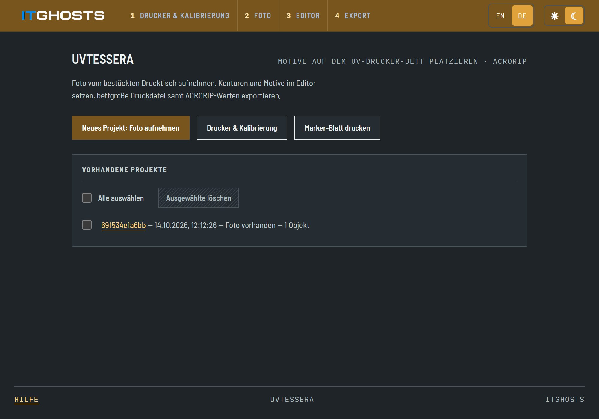 Start page with the button New project