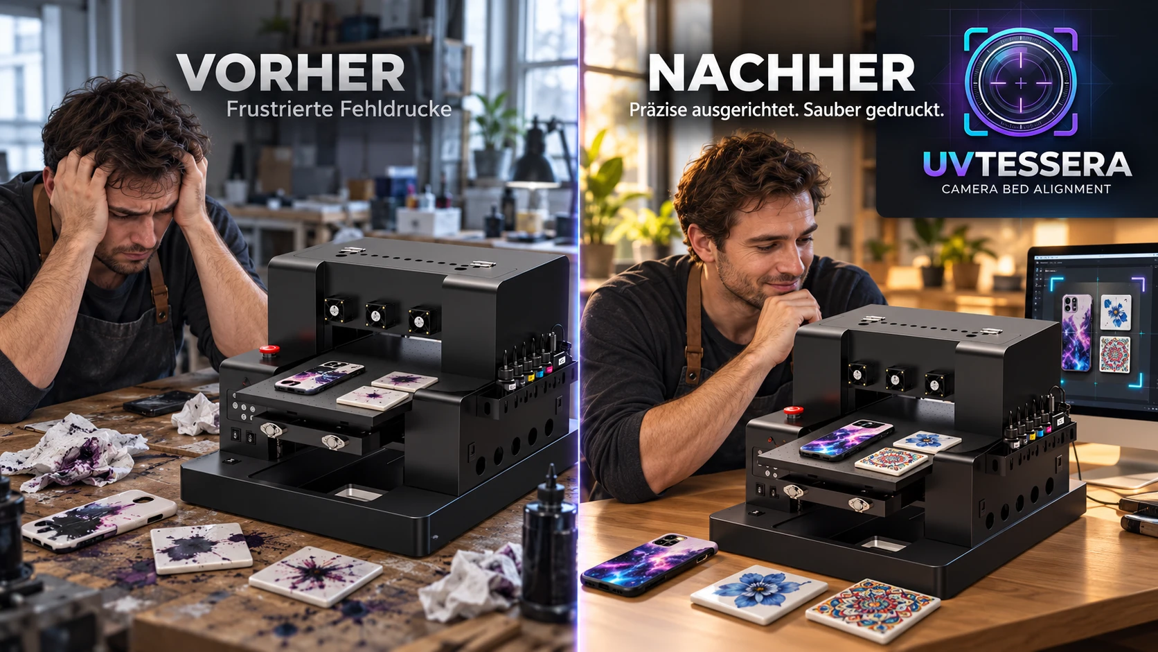 Vorher: frustrierte Fehldrucke. Nachher: Motiv sitzt genau